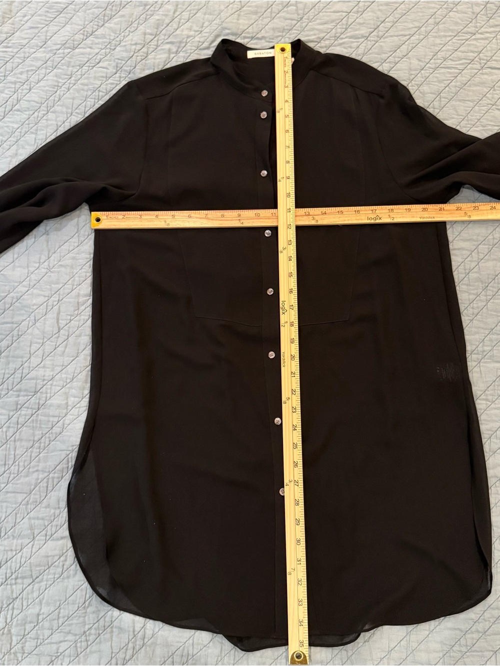 Babaton Button Down Tunic Top Silk Trim Semi Sheer Mandarin Collar Size Large - Picture 6 of 6